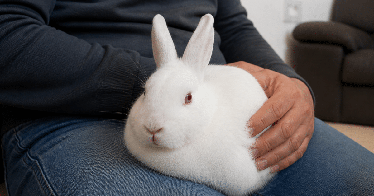 Main tenant lapin blanc docile assis sur genoux