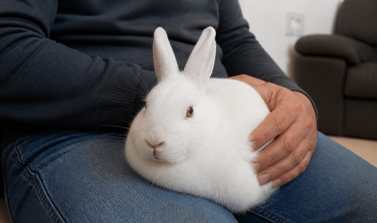 Main tenant lapin blanc docile assis sur genoux