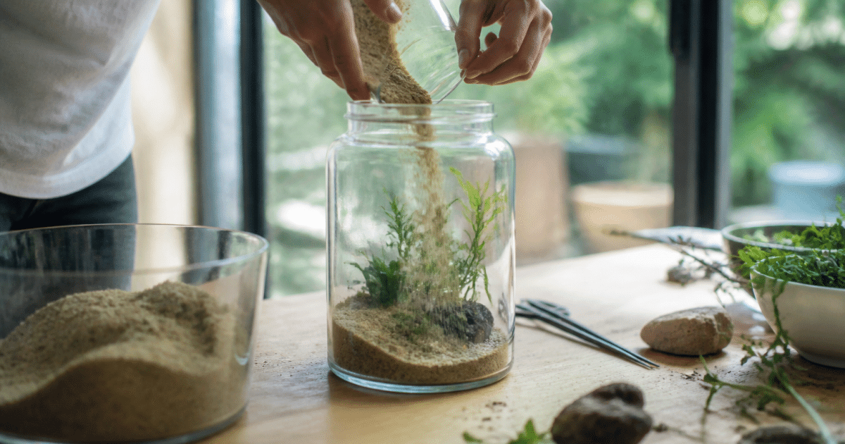 Mains remplissant un bocal transparent avec du sable et des plantes aquatiques