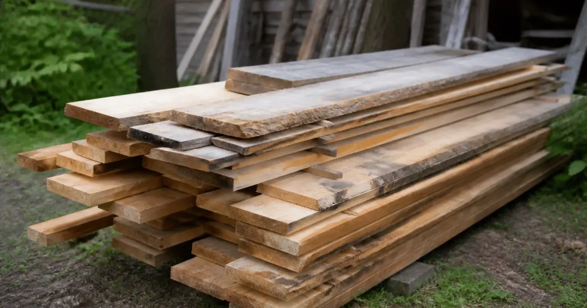 Planches bois empilees pour construction poulailler exterieur
