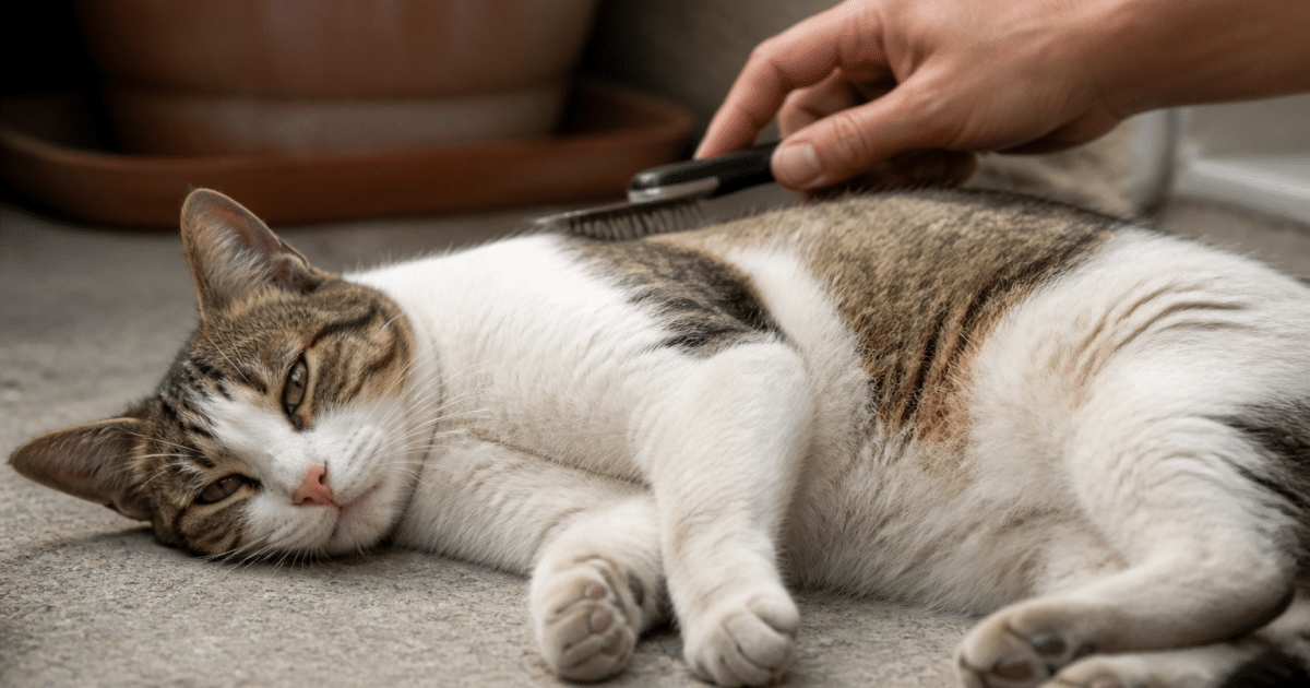 Chat allonge sur le cote pendant brossage des parasites