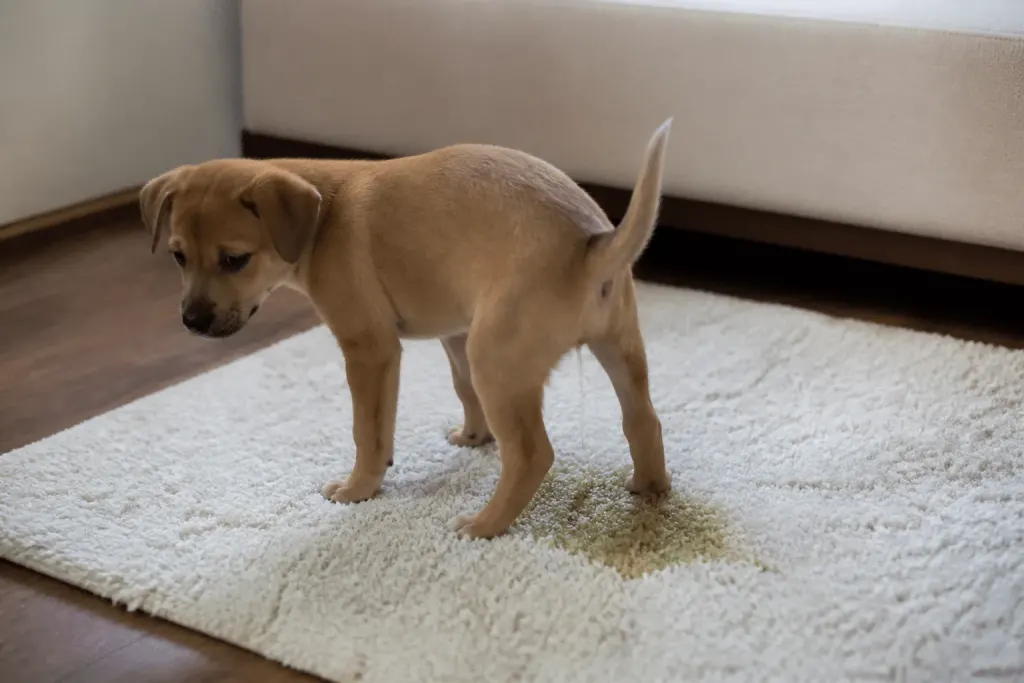 Chiot en train d'uriner sur tapis blanc