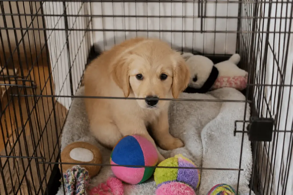Chiot dans cage dressage avec jouets colorés intérieur