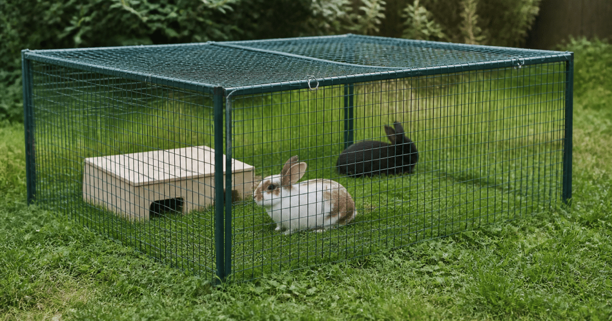 Enclos grillagé pour lapins posé sur herbe verte