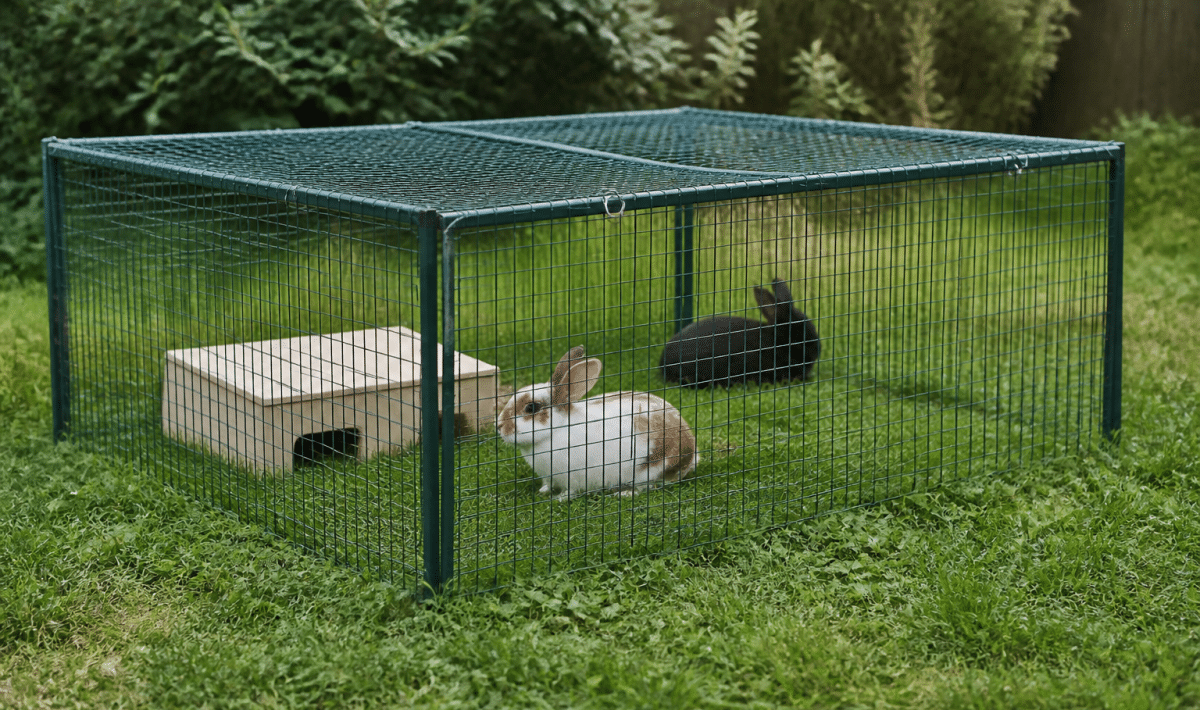 Enclos grillagé pour lapins posé sur herbe verte