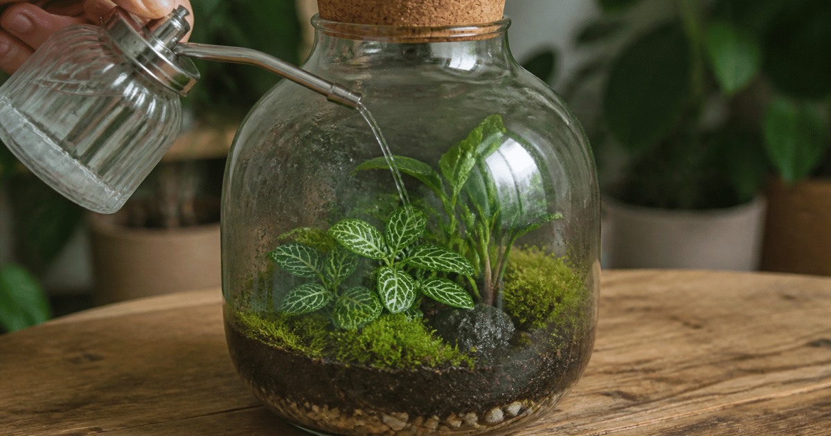 Main versant eau sur plantes vertes dans terrarium clos