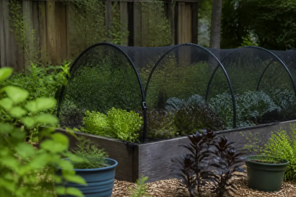 Jardin avec filet de protection et plantes intactes visibles