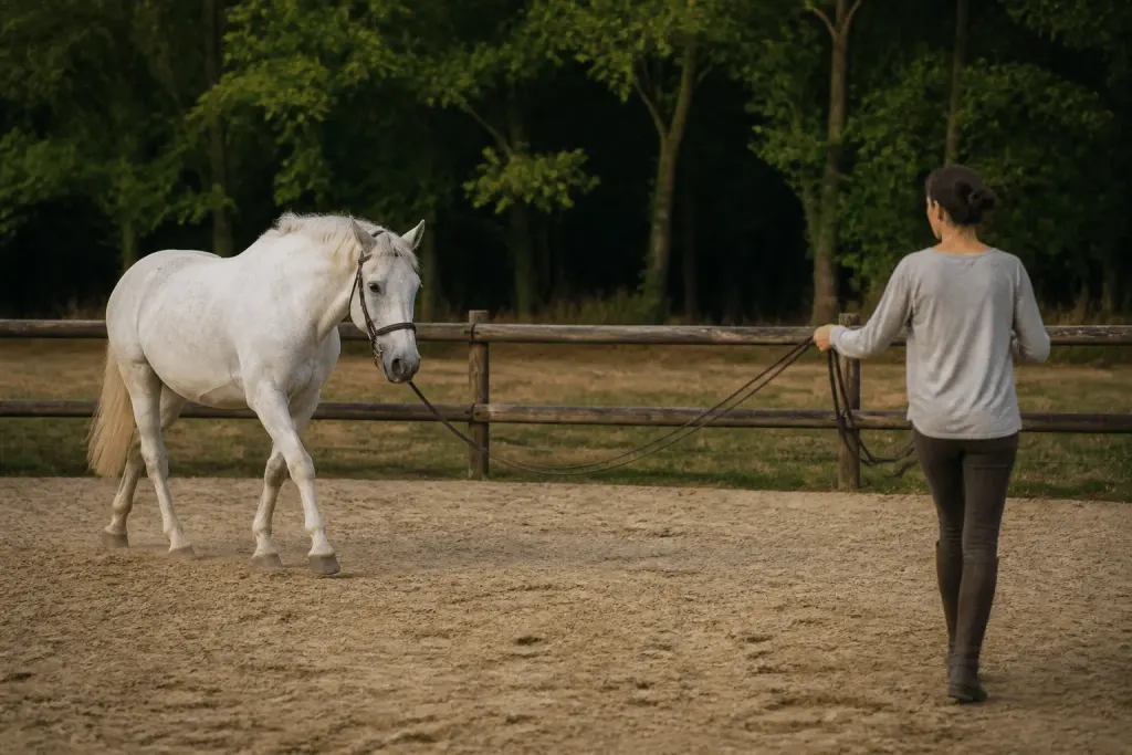 Cavalier tenant longe souple avec cheval en cercle