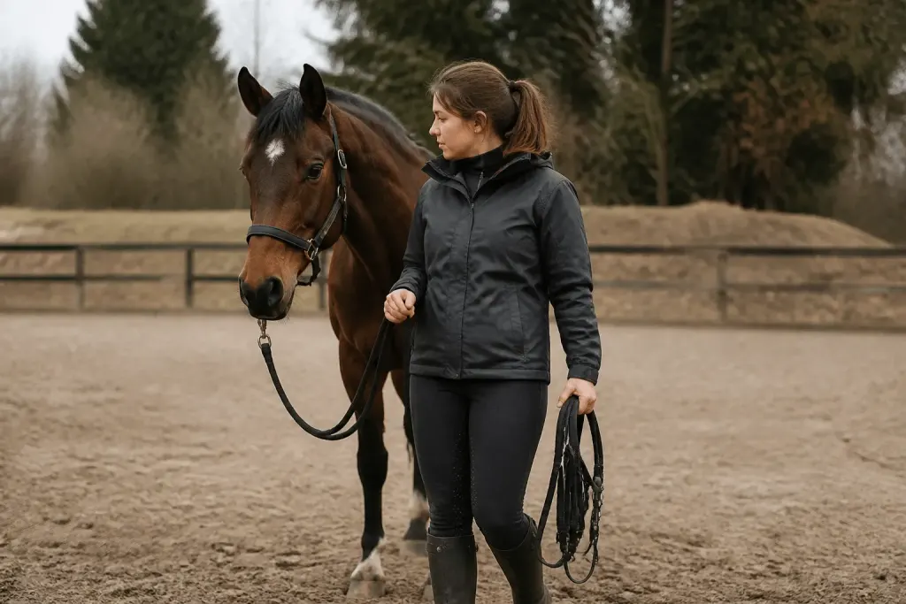 Cavalier au centre tenant longe et chambrière du cheval