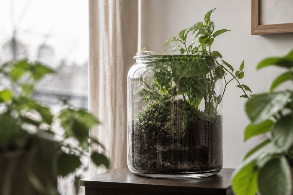 Plantes vertes dans bocal en verre avec lumiere indirecte