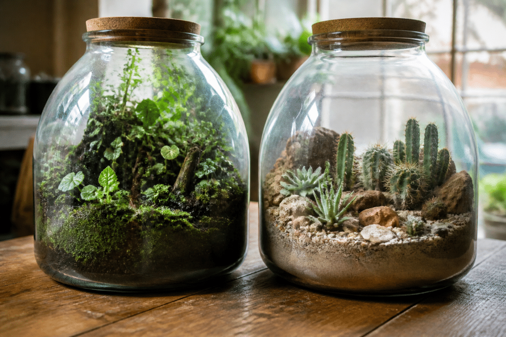 Deux terrariums cote a cote jungle humide et desert sec