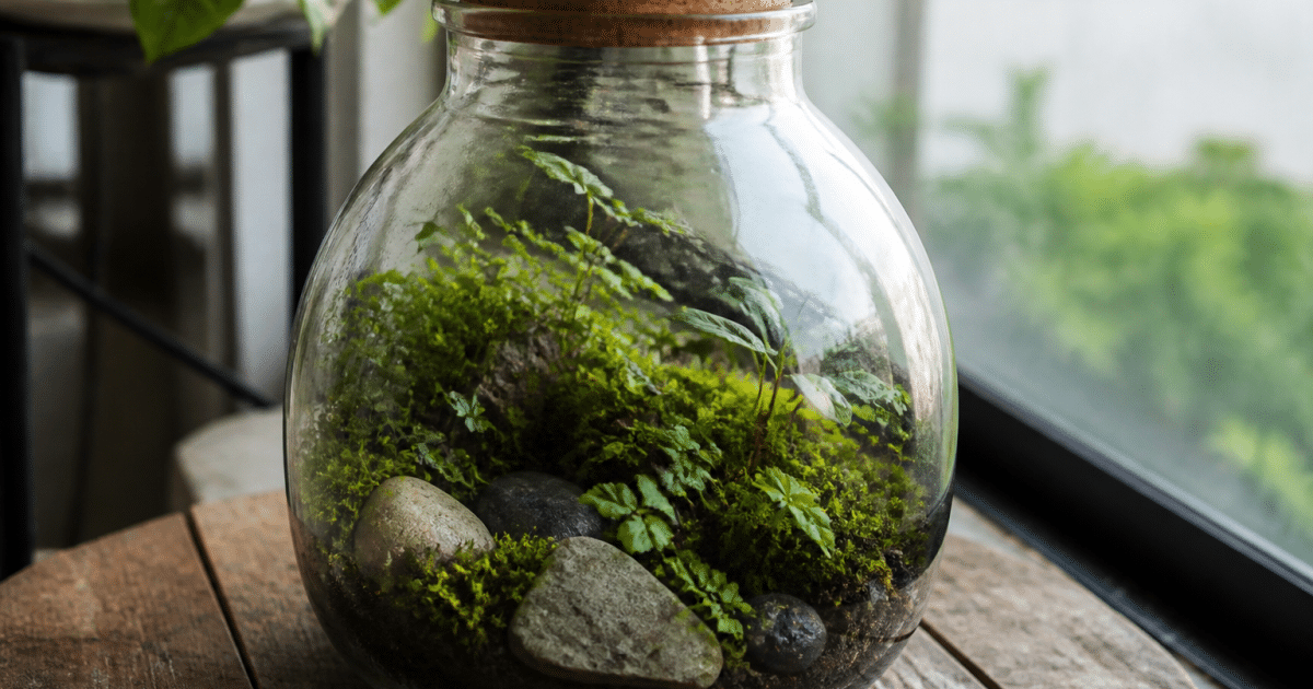 Terrarium en verre contenant plantes vertes, pierres et mousse humide