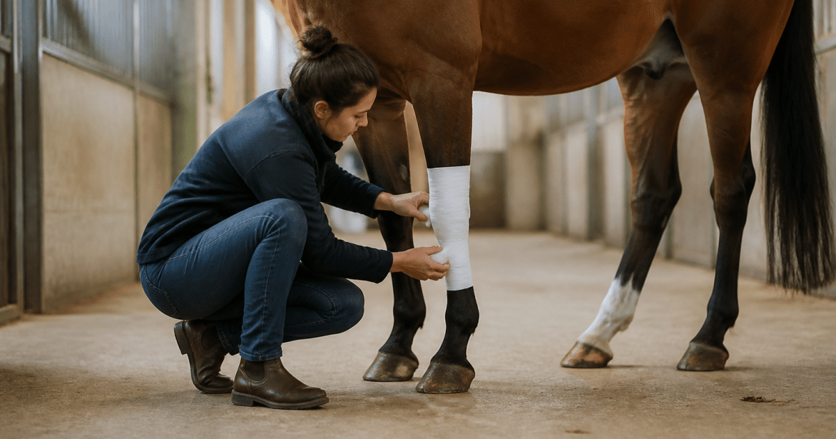 Veterinaire appliquant bandage blanc sur jambe cheval immobile